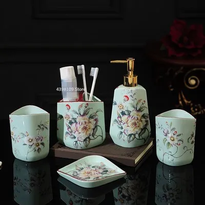 5pcs Принадлежности для ванной комнаты европейские изысканные керамические аксессуары для ванной комнаты Набор Мыла Диспенсер держатель для зубной щетки мыльница - Цвет: 5pcs