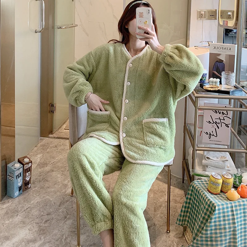 

Pajamas Women's Autumn and Winter Cardigan Green Suit Thick Coral Fleece Warm Student Homewear Flannel Can Be Worn outside