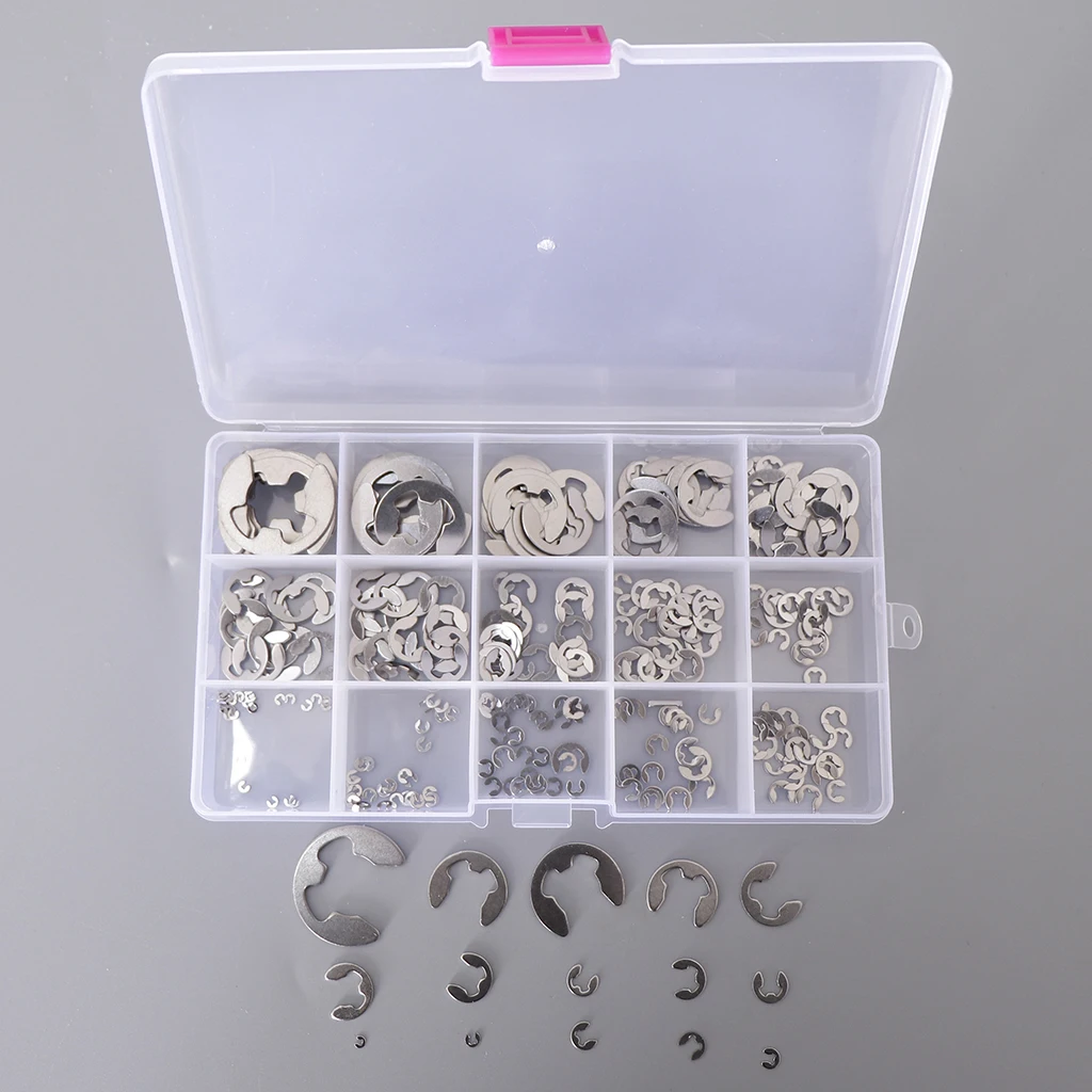 

225Pcs 304 Snap Ring Kit Snap Ring Assortment E-Type Circlip Assortment Set