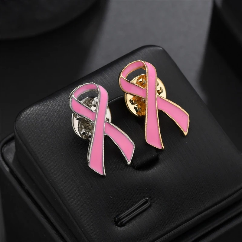 

Women Jewelry Pink Ribbon Enamel Brooch Pins Silver Color Lapel Button Badge Surviving Breast Cancer Awareness Hope Lapel Badges