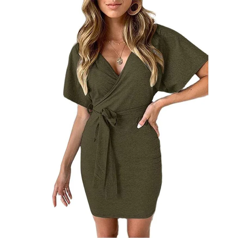 

Mandylandy Women's Casual Short Sleeve V-neck High Waist Mini Dress Summer Fashion Solid Color Slim Fit Lace Up Dress