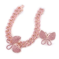 rose pink butterfly cuban bracelets for women with 1 brooches breastpin hip hop jewelry set link chain rock punk wife gift cz
