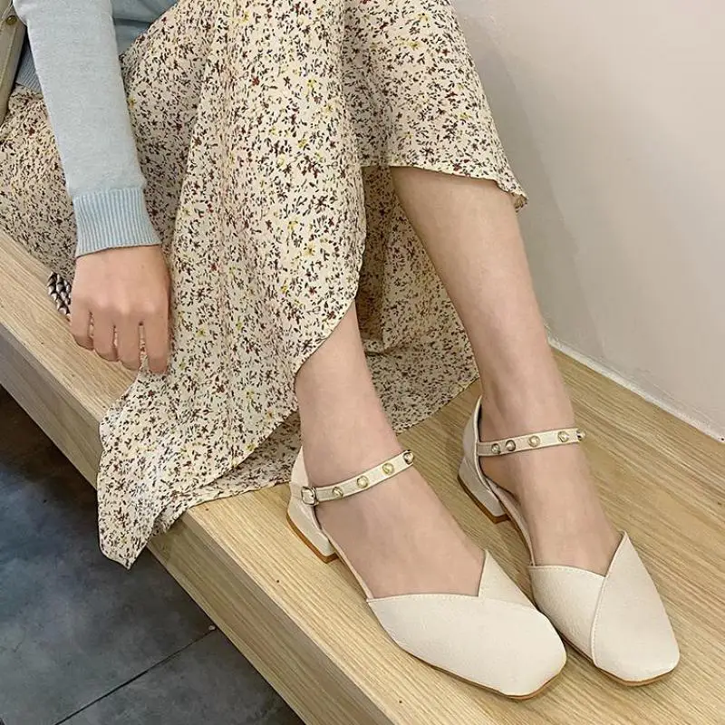 

Sandal For Women 2021 Summer New Pearl Sandals Ladies Shallow Leather Buckle Strap Thick Heeled Women's Shoes Sandalias Mujer