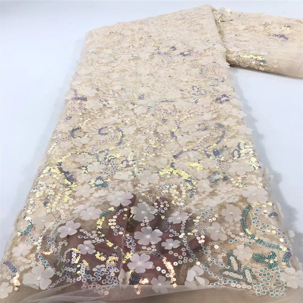 

Latest 2021African Sequin Lace Fabric Best Quality 3D Flower French Mesh Tulle Lace Fabric with Sequins Nigeria Net Lace For Sew