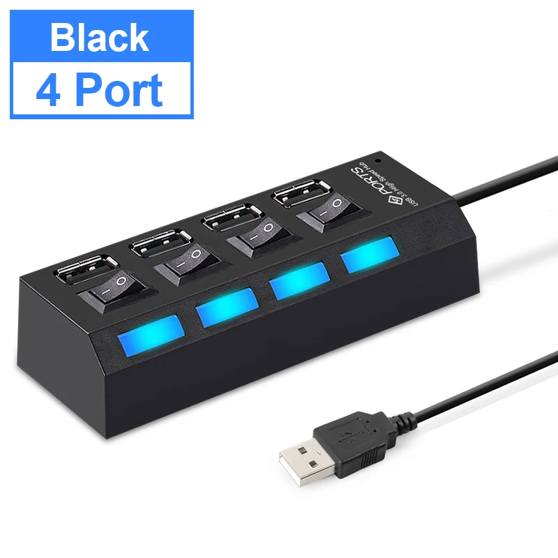 Black 4 Ports Usb-хаб 2,0 Мульти USB порт 4/7 порты концентратор USB Высокоскоростной Hab с переключателем вкл/выкл USB разветвитель для ПК Компьютерные аксессуары - Цвет: Black 4 Ports