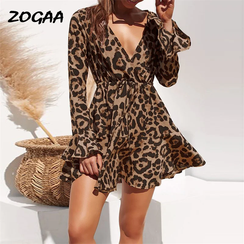 

ZOGAA Sexy Leopard Dress Women Summer A-Line Chiffon Dress Ruffles Flare Sleeve V-Neck Mini Wrap Party Vestidos Verano 2021