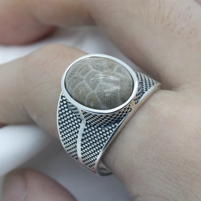 Настоящее серебро 925 пробы мужское кольцо с большим натуральным коралловым