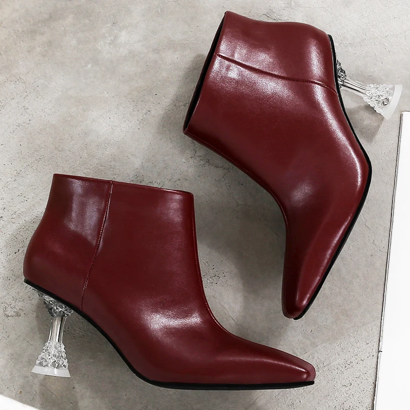 Женские ботинки на высоком каблуке винно красные с квадратным каблуком Осень