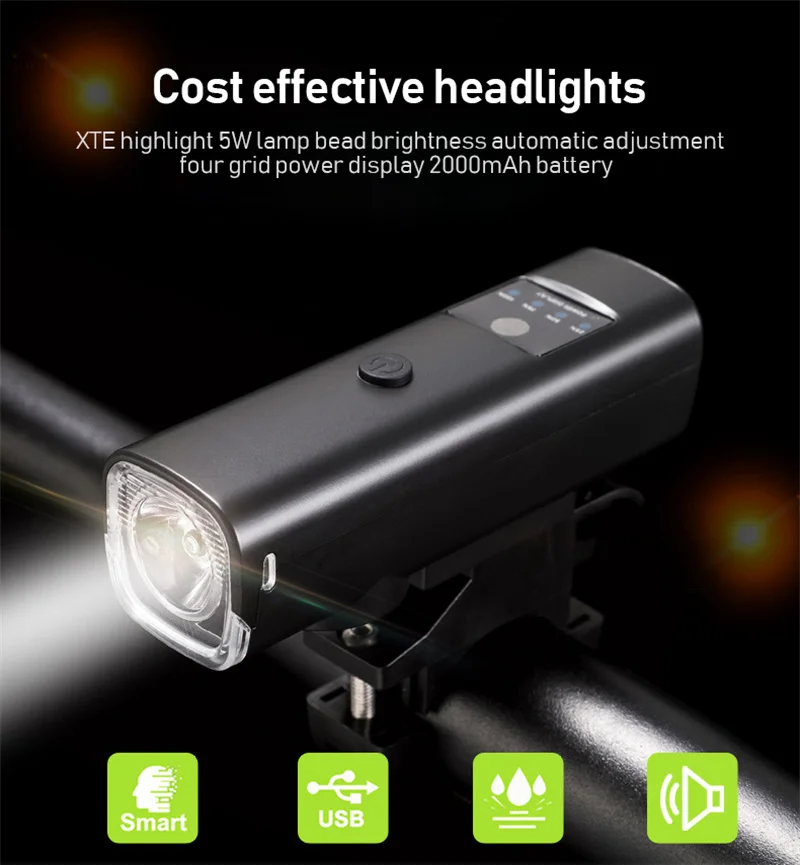 

1500/2000 мА/ч лм с автоматическим затемнением, фонарь для велосипеда XTE 5W IPX6 велосипедный клаксон USB, умсветильник светильник Sense, светильник для...