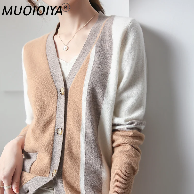 

Women's Long Sleeve Knitted 100% Pure Wool V-Neck Cardigans Sweater Women Autumn Winter Knit Warm Cardigans Female Fashion Trend