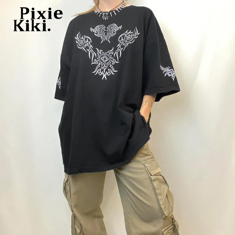 PixieKiki Black Top Streetwear Womens Fashion Clothing Trends E Girl Aesthetic Oversized T Shirt Cyber Y2k Graphic Tees P67-BH22 | Женская