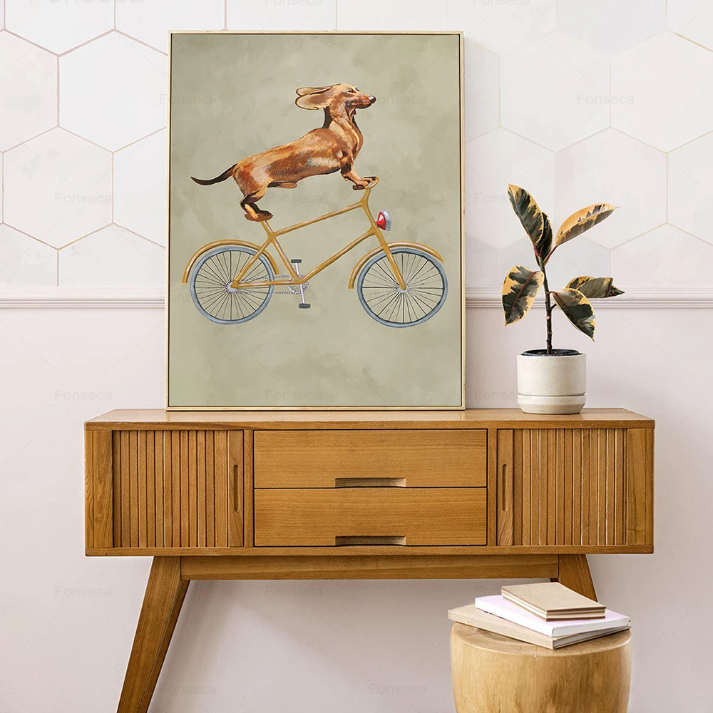 Постеры и принты собаки на велосипеде забавное милое украшение для дома