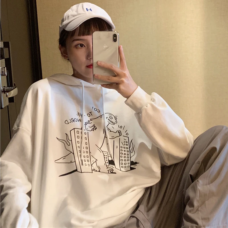 Хипстер Harajuku корейский стиль свободный Принт толстовки с капюшоном Топы Весна