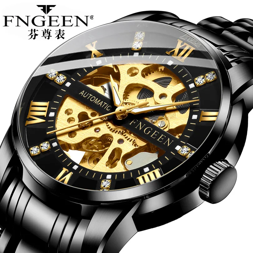 

Top Brand FNGEEN Luxury Men Automatic Watch Hollow out Mechanical Men's Watches Skeleton Waterproof Stainless Steel Clock