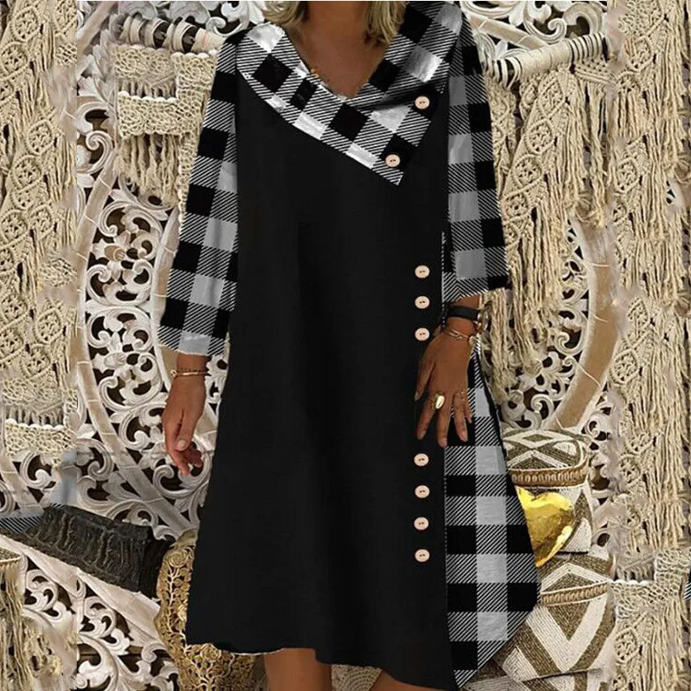 

Vintage Dress Women's Fashion Elegant Daily Fall Shawl Collar Long Sleeve Plaid Patchwork Shift Dress Knee Length Loose Dresses