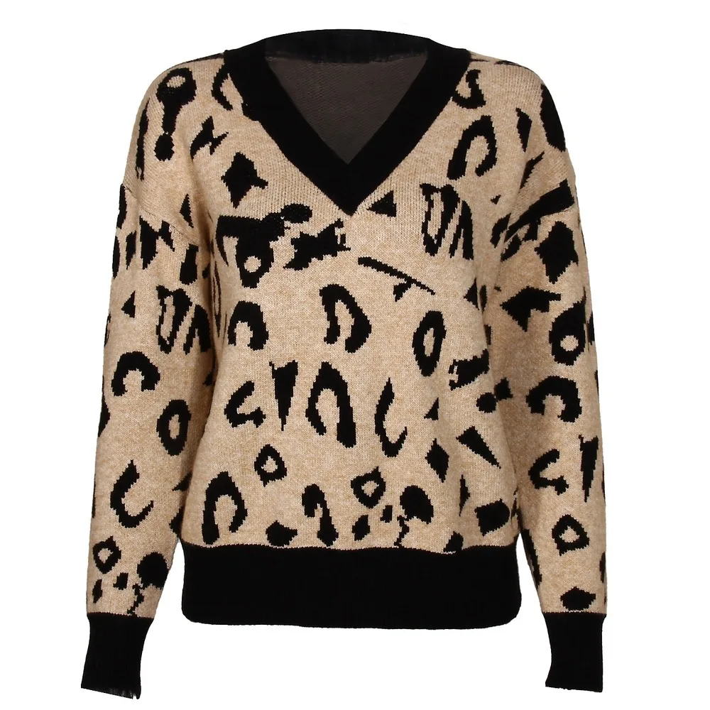 

V Neck Leopard Knitting Sweater Women Long Sleeve Casual Loose Keep Warm Pullover 2021 Autumn Winter New Female Warm Jumpers