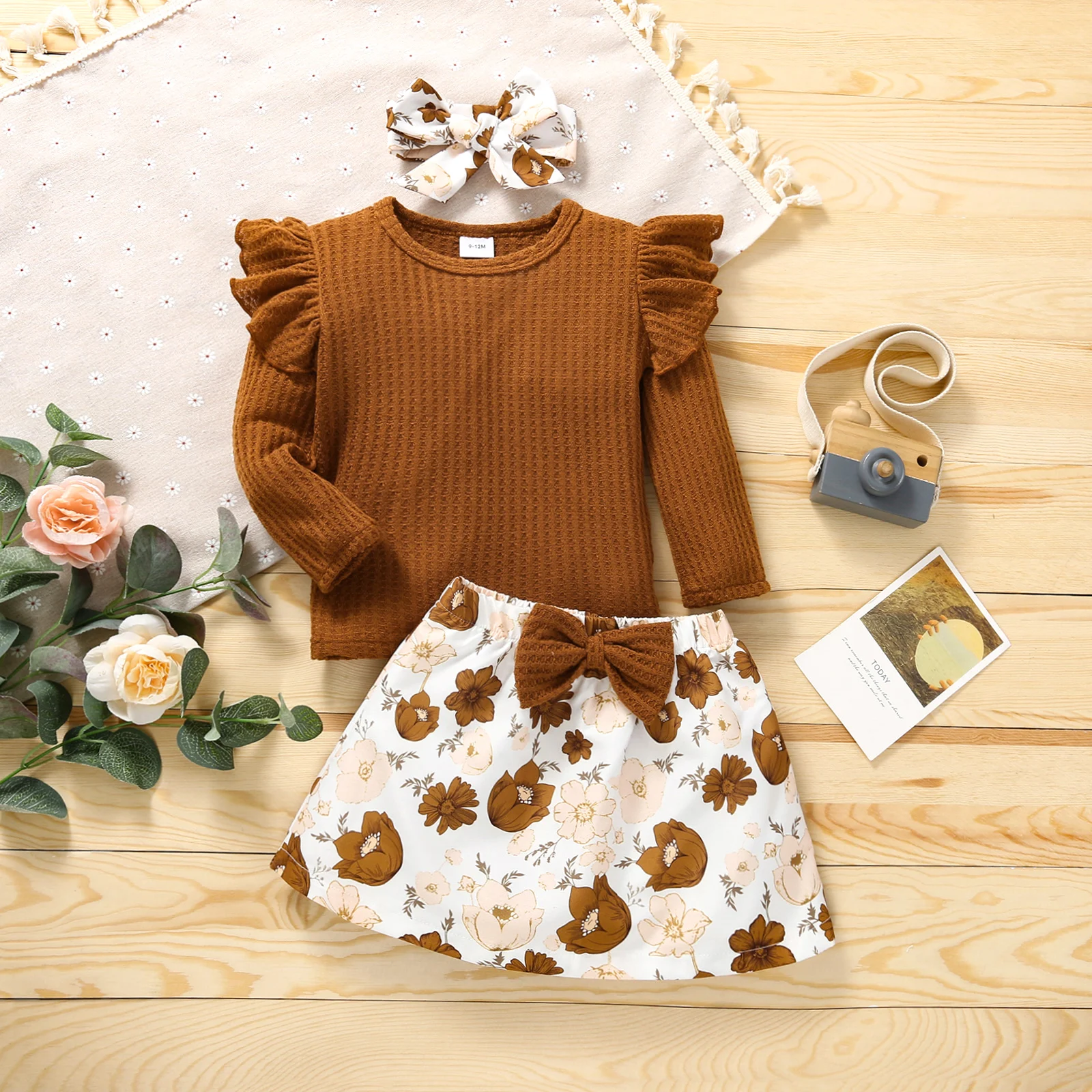 

3Pcs Kids Summer Tracksuit Girls Solid Color Round-Neck Long Sleeves Tops + Floral Skirt + Headband 3-24 Months