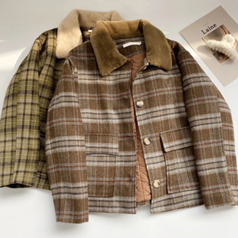 

Padded Check Jacket Woman Korean Stitching Loose Single-breasted Fur Collar Coat Women Winter Warm Slim Women's Jacket 2021