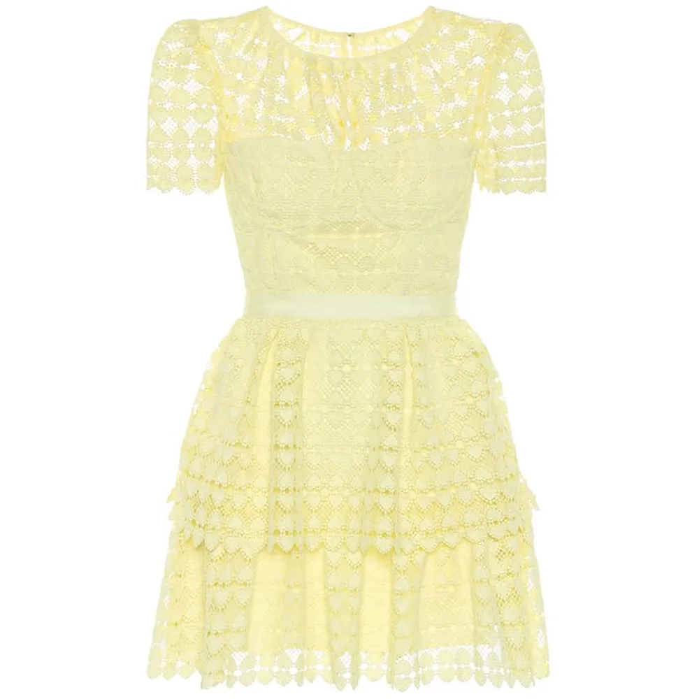 SMTHMA 2022 New Arrival Summer Yellow Dress Women Short Sleeve Lace Slim Hollow Out Female Mini Dresses Vestidos | Женская одежда