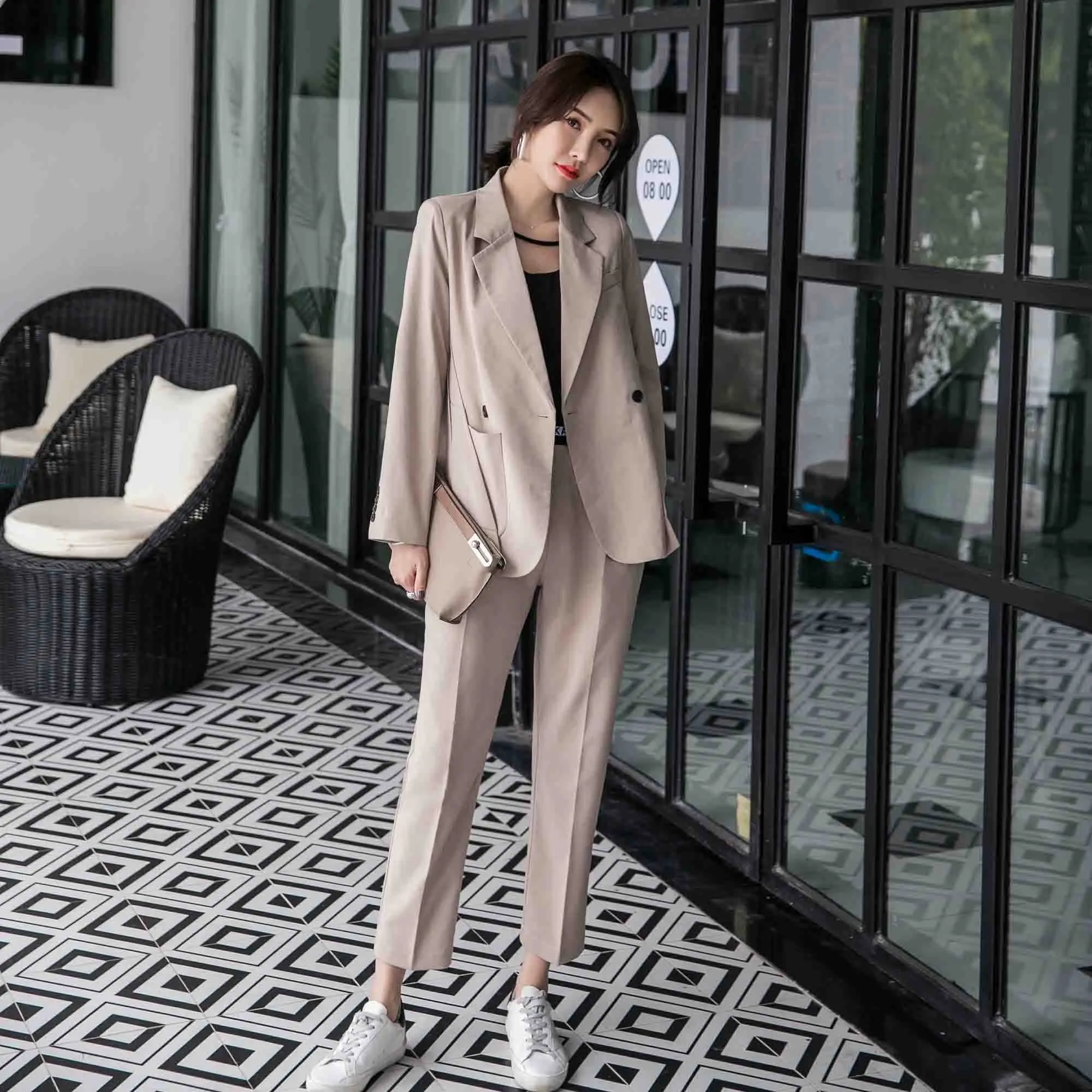 Khaki pants suit Новое поступление, Женский Плетеный блейзер с вырезами и эластичной резинкой на талии, длинные штаны-шаровары, комплект из 2 предметов, Женский Повседневный костюм с брюками цвета хаки, S98305F - Цвет: Khaki pants suit