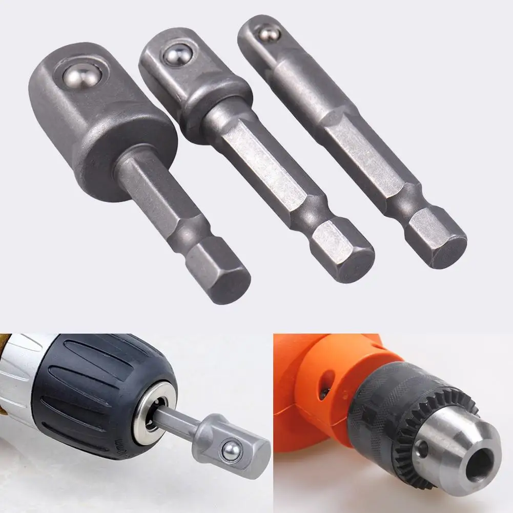 

3 Pcs Chrome Vanadium Steel Socket Adapter Hex Shank To 1/4" 3/8" 1/2" Extension Drill Bits Bar Power Tools Fittings Hex Bit Set