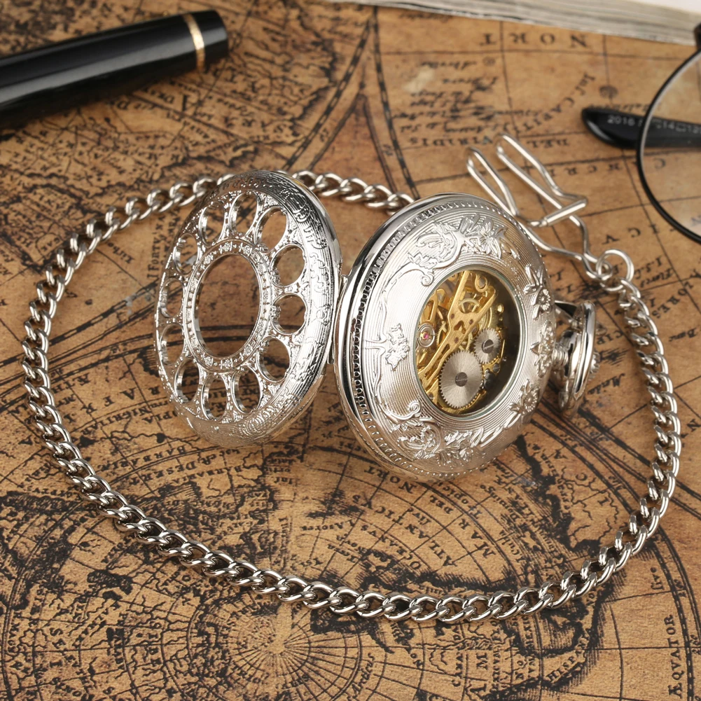 

Stylish Silver Hollow Pocket Watches White Dial Roman Numeral Mechanical Hand Wind Pocket Watch Durable Chain Pendant Clock