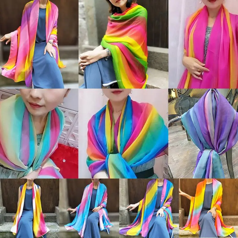 

180x100cm Women Soft Chiffon Large Shawl Lady Gradient Rainbow Stripes Neck Scarf Head Hair Wrap Swimsuit Cover Up Bikini Sarong