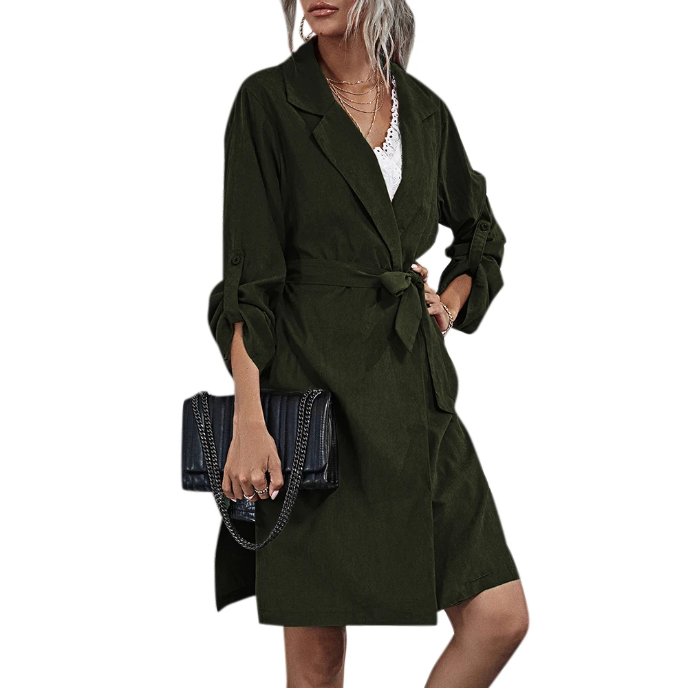 

Womens Trench Coat Solid Color Long Sleeve Lapel Plain Waistband Jumper Spring Autumn New Fashion Cardigan Jacket Long Coats