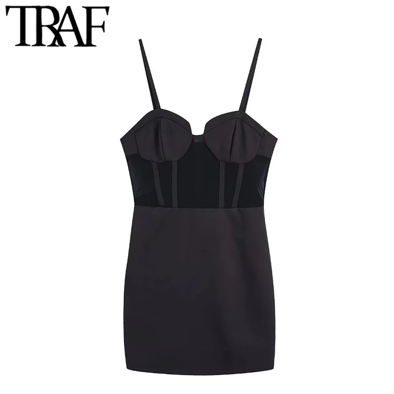 

TRAF Women Sexy Fashion Semi-Sheer Patchwork Party Mini Dress Vintage Backless Zipper Thin Straps Female Dresses Vestidos