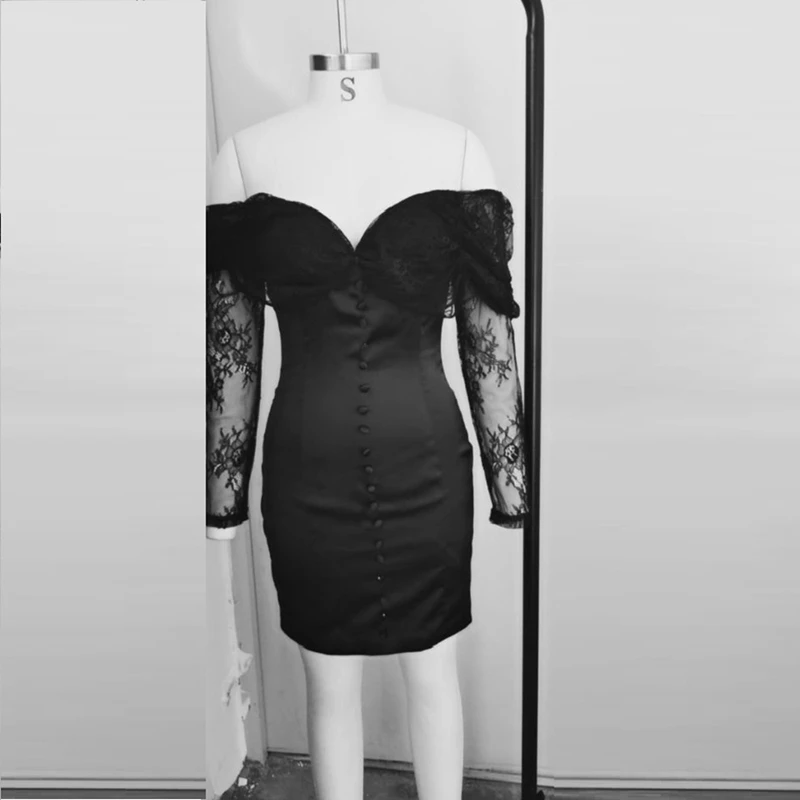 

2021 Women Sexy Summer Black Lace Fashion Dress Long Sleeve Off The Shoulder V Neck Sheath Solid Runway Party Dress vestidos