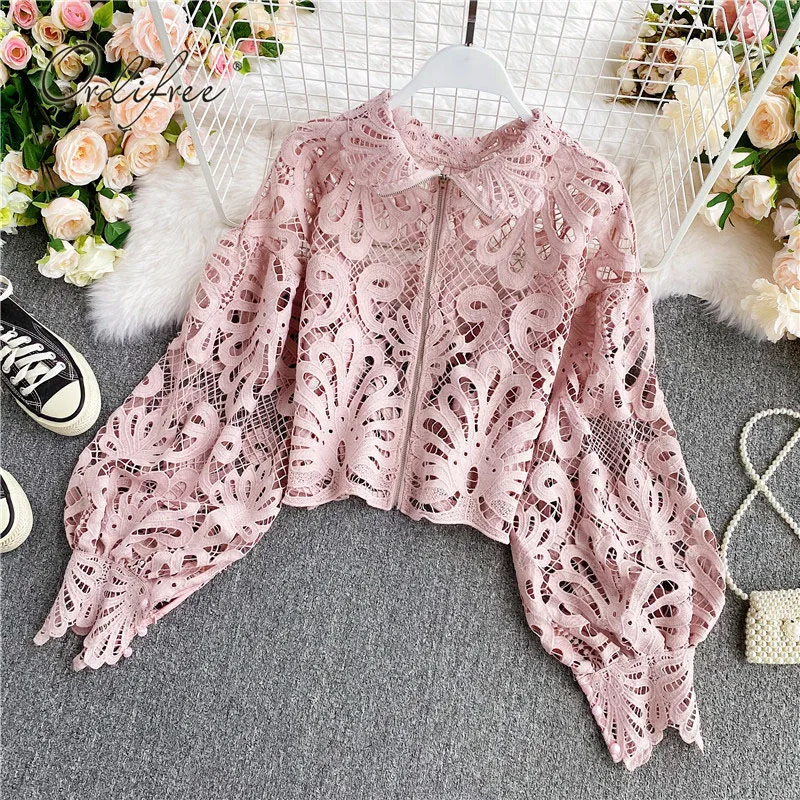 

Ordifree 2021 Summer Elegant Women Lace Blouse Shirt Hollow Out Crochet Chic Long Sleeve Zipper Blouses Sexy Top