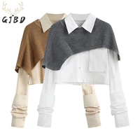 autumn korean fashion women two pieces sets long sleeve short blouse shirt solid knitted pullover crop shawl sweater girl tops