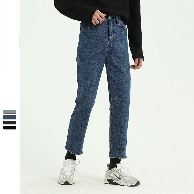 Retro Vintage Jeans Mens Loose Straight Leg Jeans Korean Fashion Hip Hop Pants Casual Cropped Jeans Male Cargo Jeans Trousers