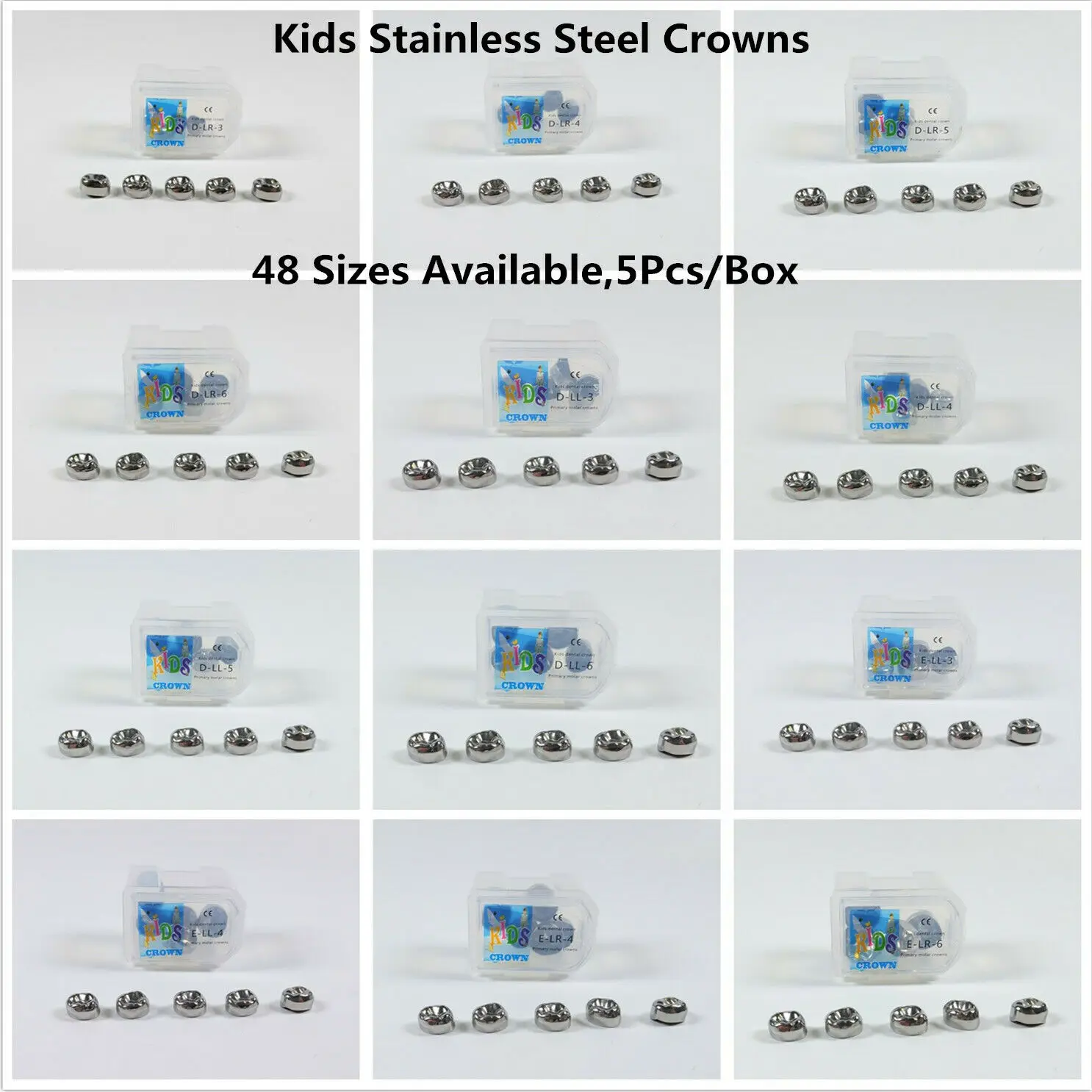 1Box Dental Kids Primary Molar Crown Refill Stainless Steel Pediatric 24 Size Lower Right/Lower Left D2-D7/E2-E7 5Pcs Dentist