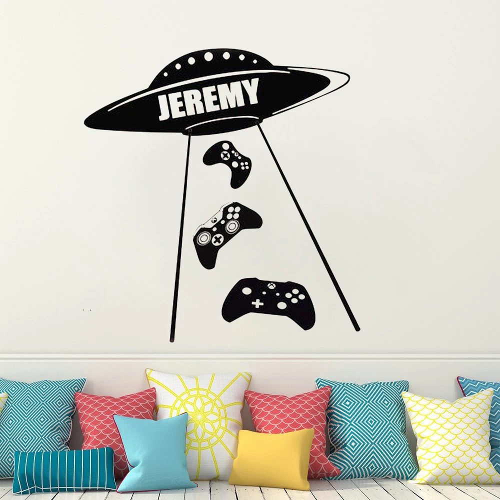

Alien Invasion Wall Decal Space Custom name Wall Sticker for boy Bedroom decor UFO name Decals For Kids room decoration HY962