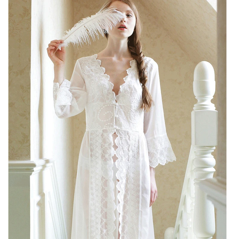 

2020 New Summer Long White Nightgown Women Sexy Lace Nightgown Princess Ladies Nightwear Female Sleepwear Home Clothes 2XL 48
