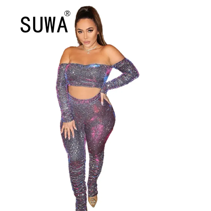 

Hot Shiny Party Two Piece Set Women 2021 Off Shoulder Crop Top+High Waist Leggings Sexy Clubwear Outstanding Matching Outfits