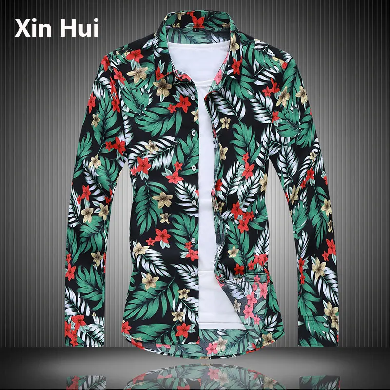 

Мужская рубашка с длинным рукавом, черная рубашка с длинным рукавом и цветочным принтом, в Корейском стиле, осень 2019
