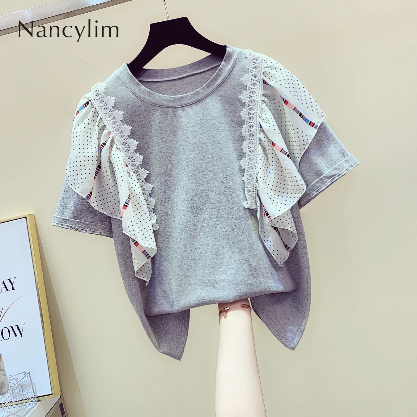 Женская шифоновая футболка с кружевом и коротким рукавом свободного