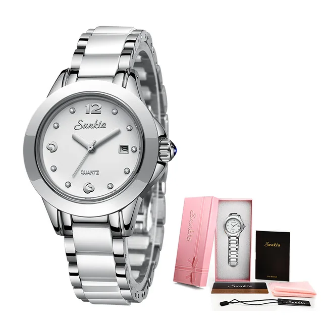 6615 white SUNKTA, модные женские часы, розовое золото, женские часы-браслет, Reloj Mujer, новинка, креативные водонепроницаемые кварцевые керамические часы - Цвет: 6615 white