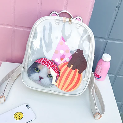 1 Lovely Cat Ear Leather Backpacks Candy Color Transparent Bag Teenage Girls Travel Bakpack Children Shoulder Bags School Itabag - Цвет: 1