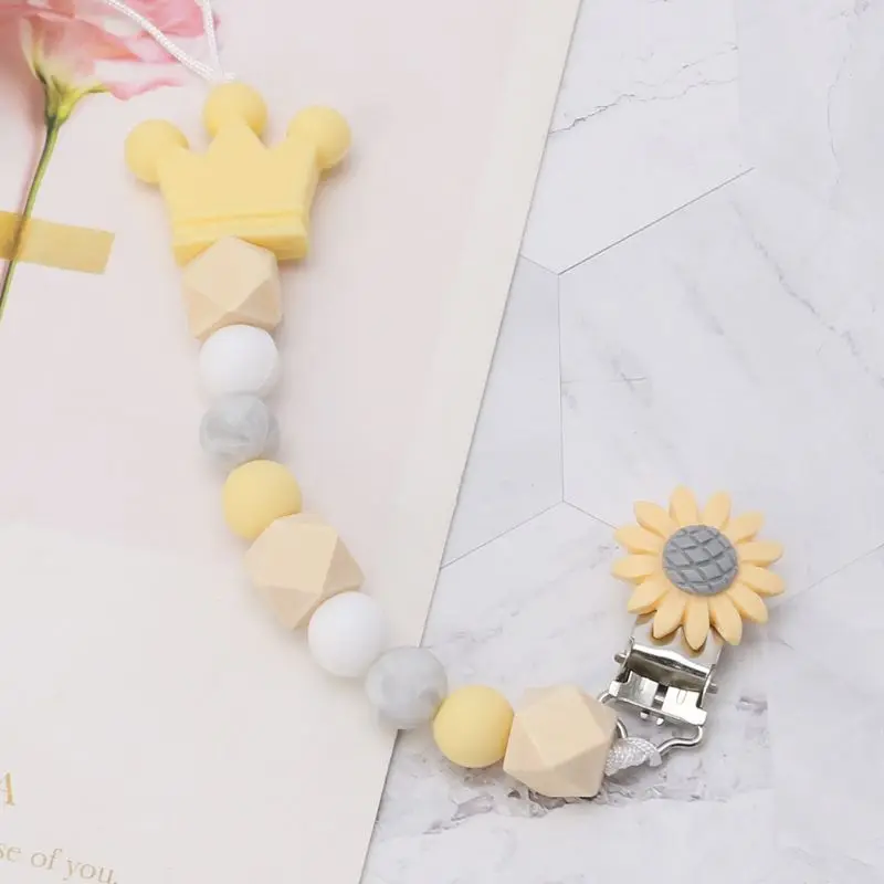 

Pacifier Chain Wood Beads Crown Cartoon Flower Pendant Strap Nipple Teether towel support pacifier clips