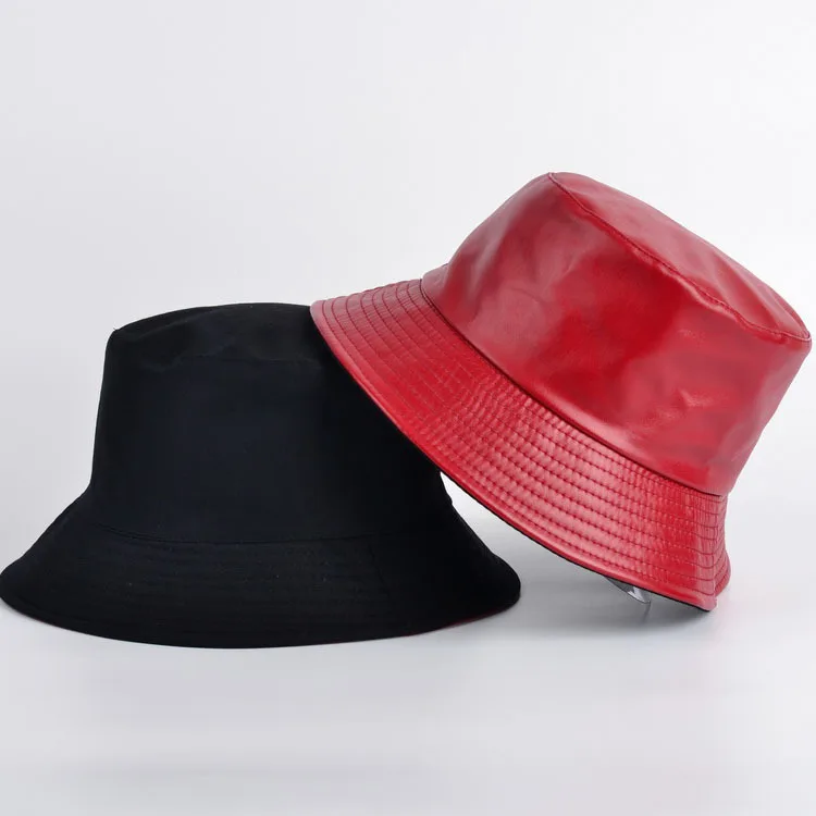 

2021 New Faux Leather Bucket Hat Women Reversible Pu And Cotton Soild Sun Hat Fashion Bob Panama Autumn Waterproof Fisherman Hat