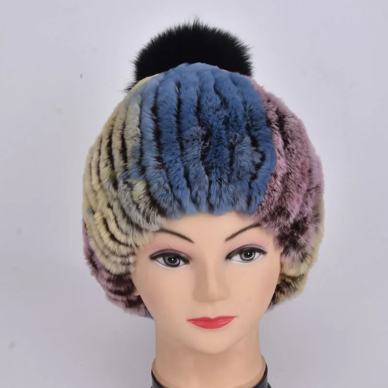 Зимняя женская натуральная шапка из меха кролика рекс Полосатый Дизайн Женский