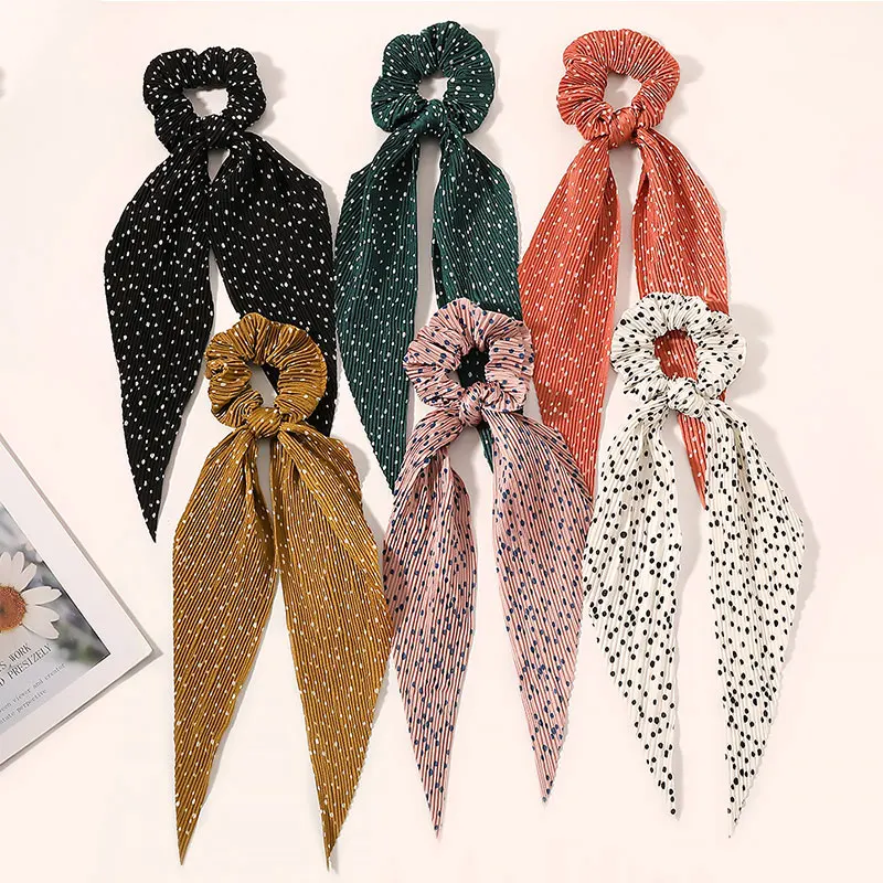 

New Polka dot Floral PRint Bow Long Ribbon Ponytail Scarf Hair Tie Scrunchies Women Girls Elastic Hair Band Hair Accessories