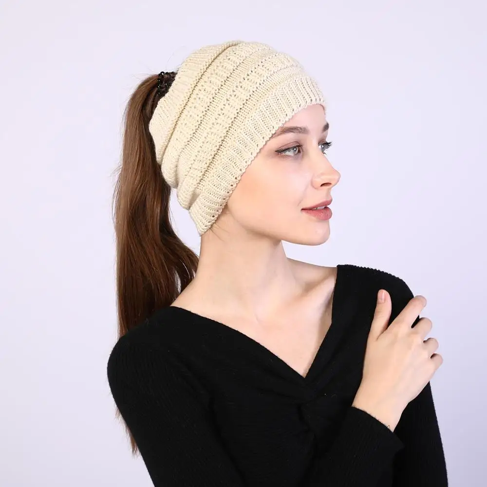 

winter Ponytail Beanie hat Women Stretch Knitted Crochet Beanies cap Winter Hats Cap For Women Warm Lady girls winter hats