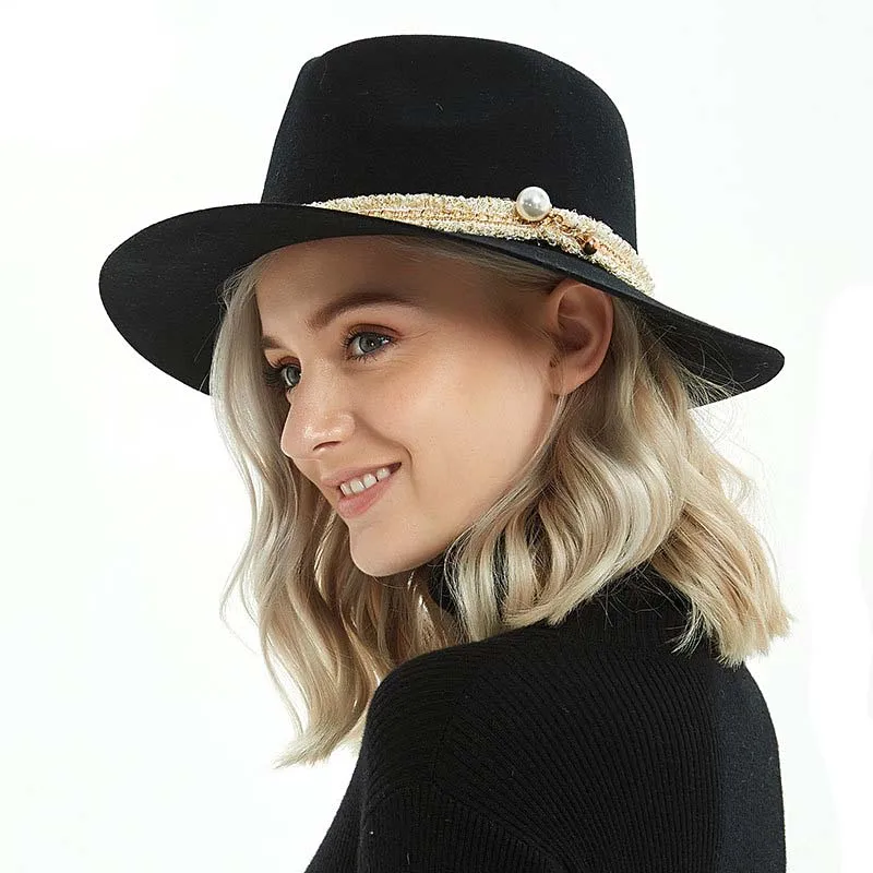 Осенняя женская модная шляпа с широкими полями жемчужинами шапка в стиле джаз