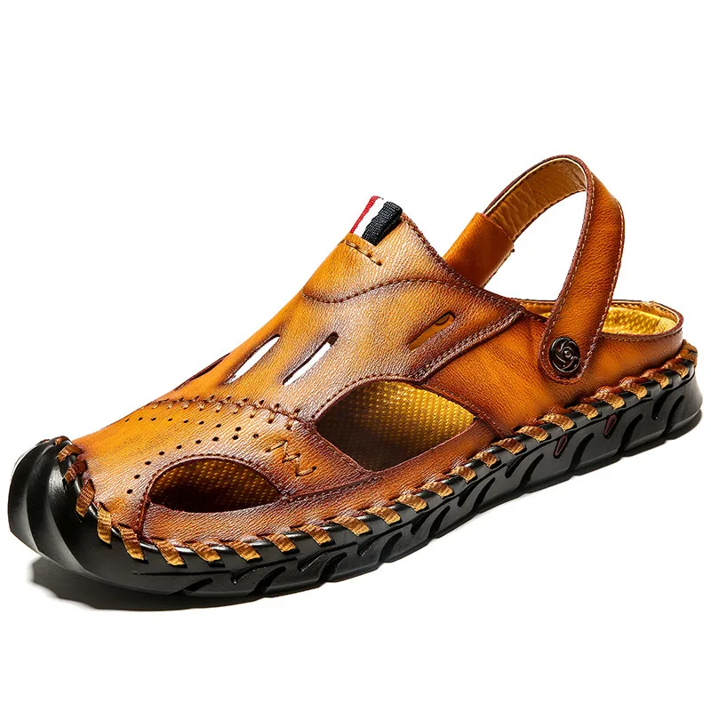 VastWave Summer Cow Leather Men's Sandals Beach Shoes Handmade Outdoor Casual Man Soft Luxury Hollow Sandalias | Обувь