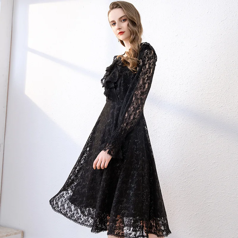 Весна 2020 Новое сексуальное длинное кружевное платье с рюшами однотонная женская