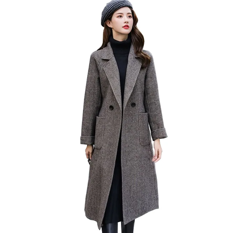 Женское шерстяное пальто облегающее длинное из хлопка и шерсти большие размеры